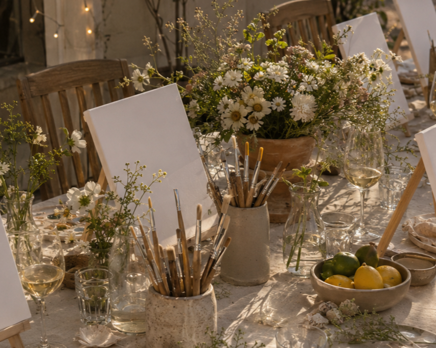A decorated outdoor table with white flowers, glasses, jars, and art supplies.