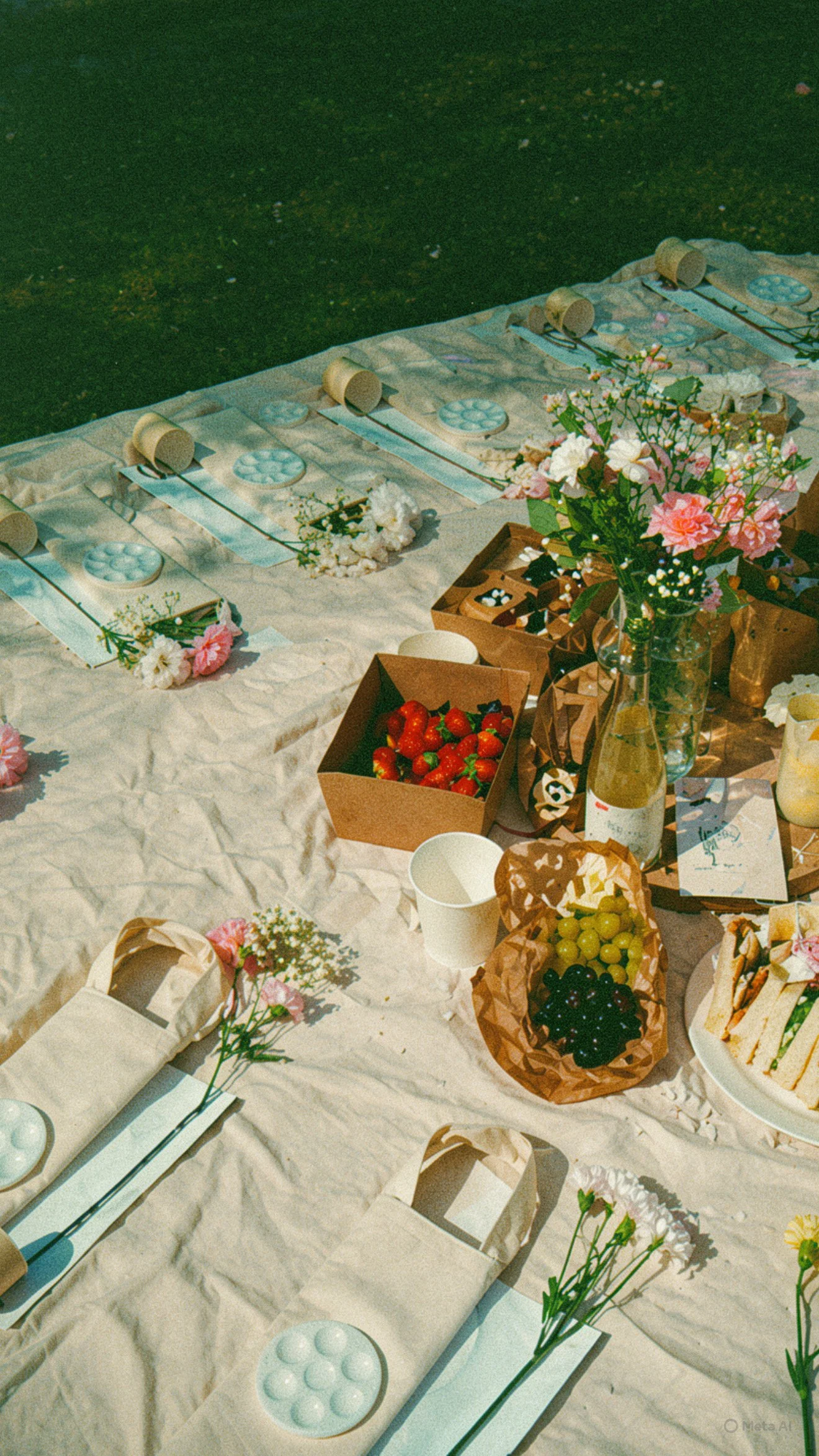 Community tote bag painting event. A picnic setup on a white sheet with flower arrangements, fruit baskets, paper food containers, and plates, possibly for a celebration or outdoor gathering.