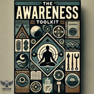 cover of "The Awareness Toolkit" featuring various wellness symbols including meditation, breathwork, journal, and mindfulness icons