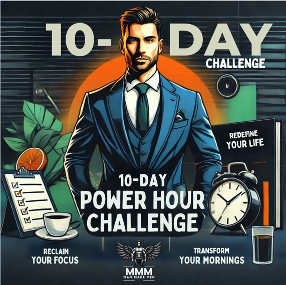 Poster promoting a 10-day challenge called 'Power Hour,' encouraging participants to reclaim focus and transform mornings with motivational themes, featuring a man in a suit, an alarm clock, a coffee cup, a green plant, and a clipboard with checkmarks.