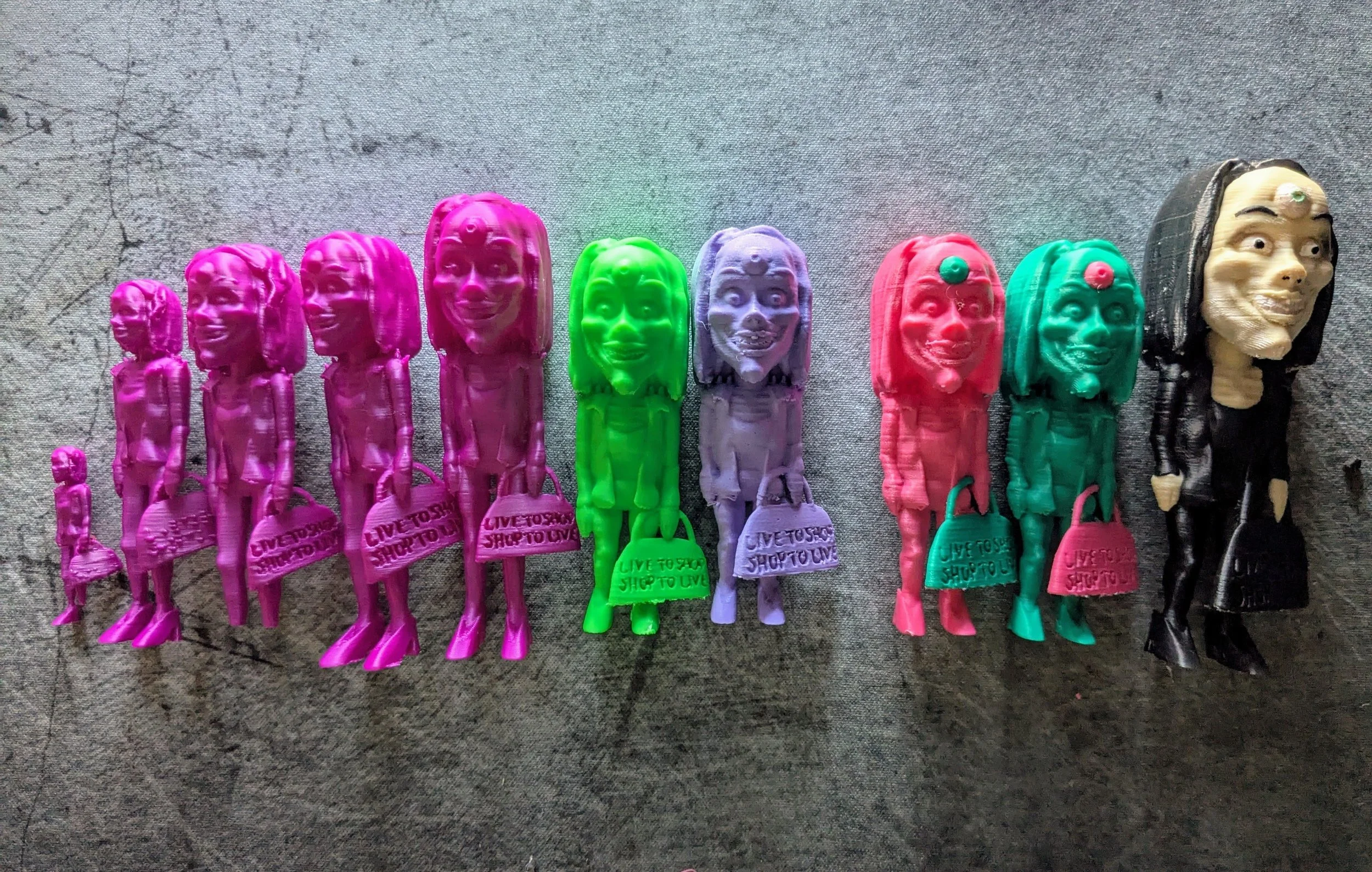 progression and iterations of Morrigan Nyx (A.D. Aro In the Mall of Madness) 3D prints as I made adjustments to the initial prototype file