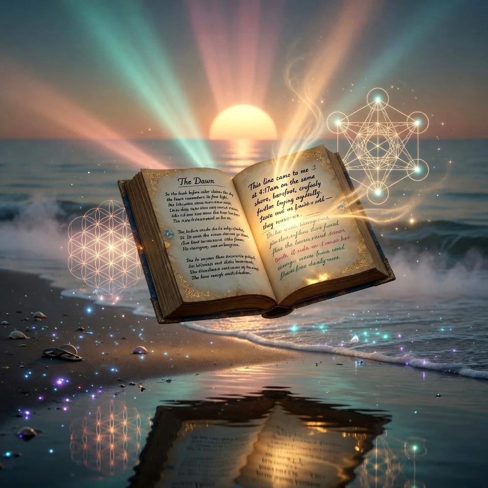 Open book floating above a beach with a sunset, holographic geometric and light patterns, and mystical sparkles reflected on wet sand.