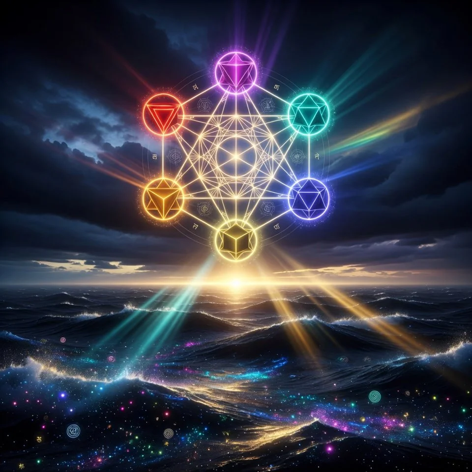 A glowing, multicolored geometric network of sacred symbols and shapes over a stormy ocean at sunset.