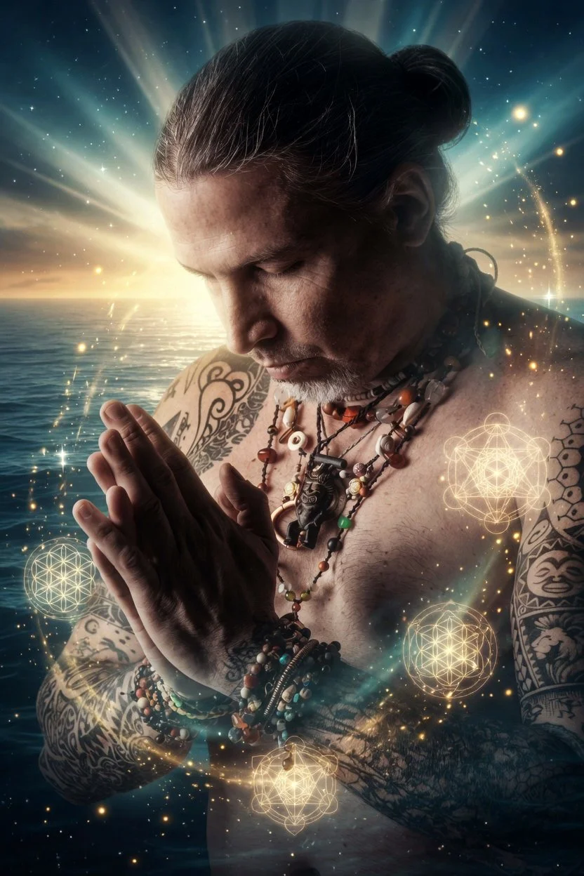A tattooed man with long hair tied back, wearing multiple beaded necklaces and bracelets, with hands in a prayer position, standing near a body of water at sunset, surrounded by glowing geometric and sacred symbols and sparkles.