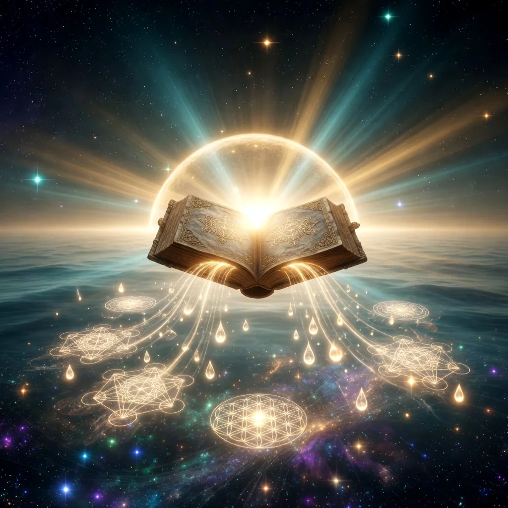 An open mystical book with glowing symbols floating above water in space, emitting golden light and surrounded by geometric patterns and stars.