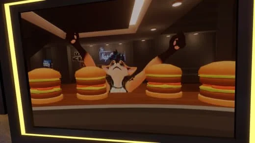 A cartoon cat with glasses and raised paws peeking over a counter with four cheeseburgers at a fast food restaurant.