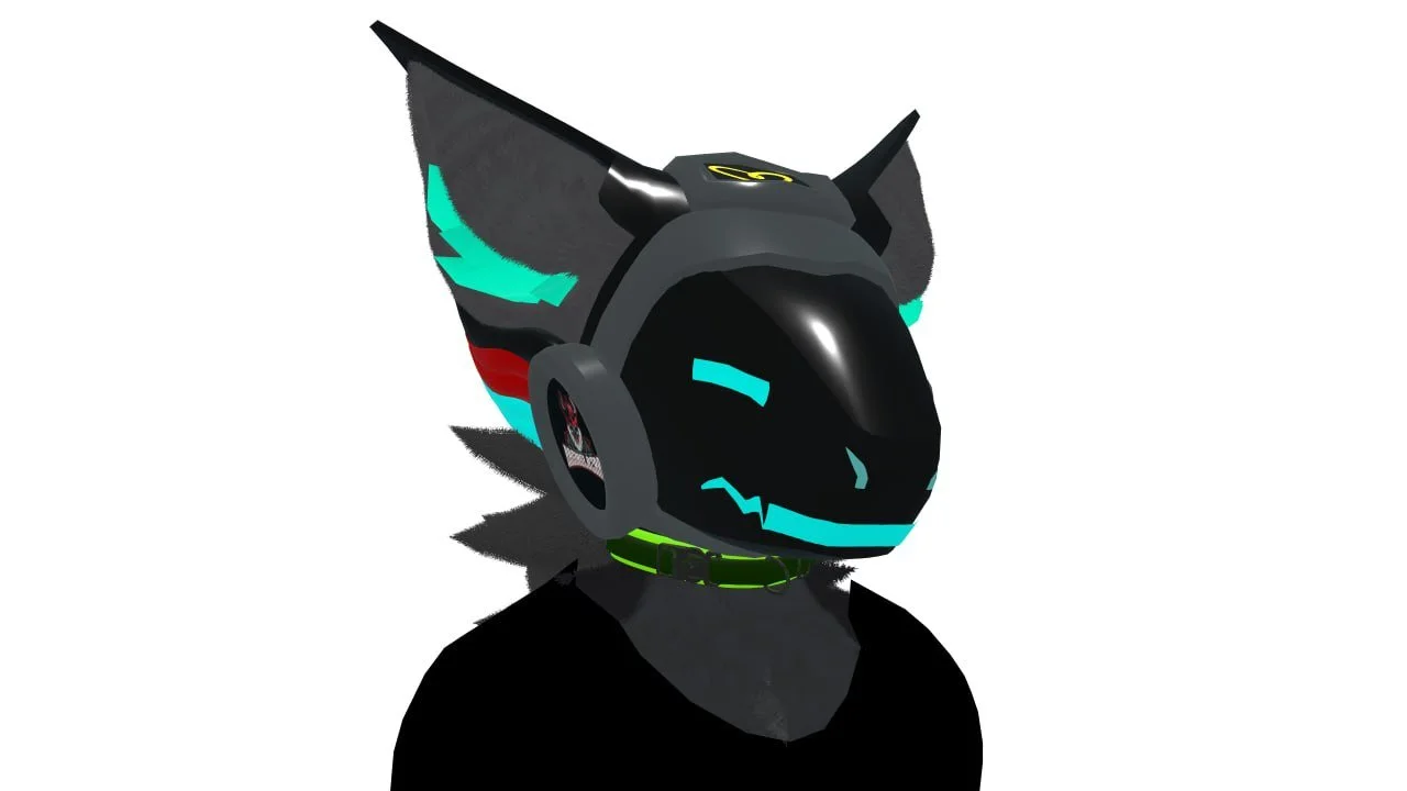 A futuristic, robotic cat wearing a sleek helmet with glowing blue accents and a black collar.