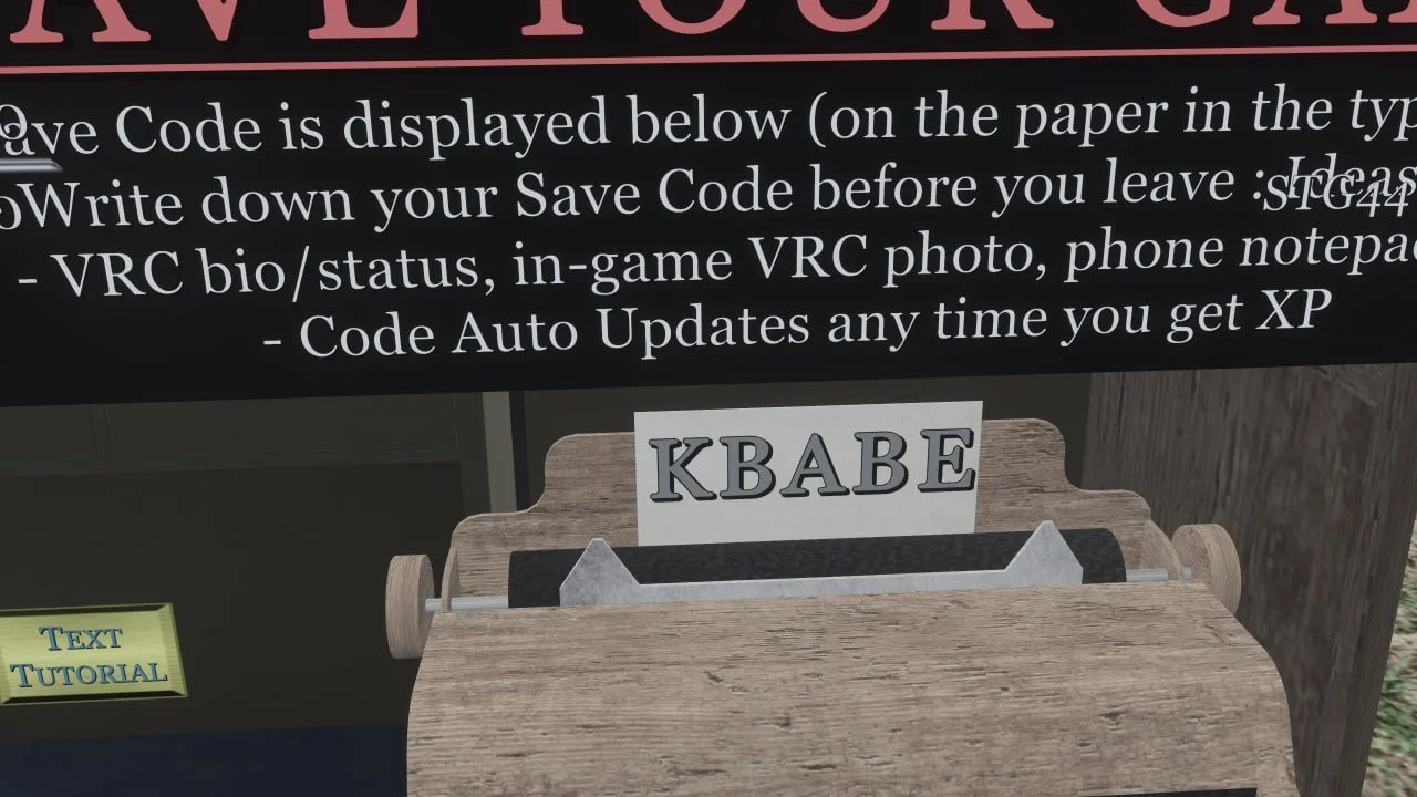 In-game instruction board with details about saving codes, including writing down the Save Code and auto-updating XP, with a visible name tag labeled 'KBABE' on a wooden surface.