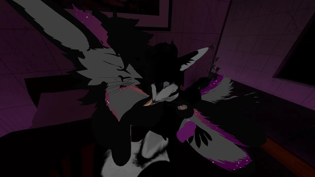A digital illustration of an anthropomorphic fox character with black, gray, and white fur, sitting indoors with purple and pink lighting, wearing black gloves, and surrounded by pink and purple butterfly wings.