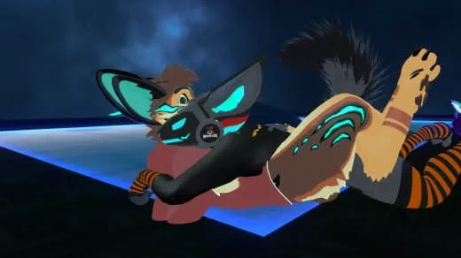 Two anthropomorphic characters, a feline with butterfly wings and a tiger, lying on a glowing platform at night.