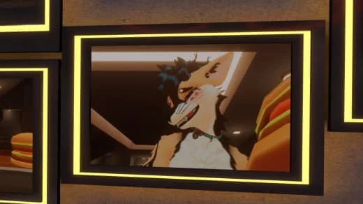 Animated character with blue hair and a white shirt displayed on a TV screen.