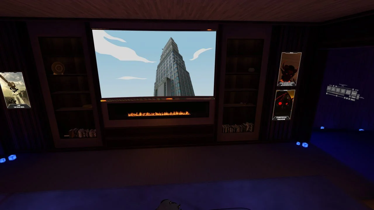 A home theater room with a large screen showing a skyscraper building, movie posters on the walls, and blue accent lighting.