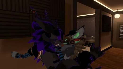 Three anthropomorphic animal characters in a dimly lit room, engaging in a group hug.