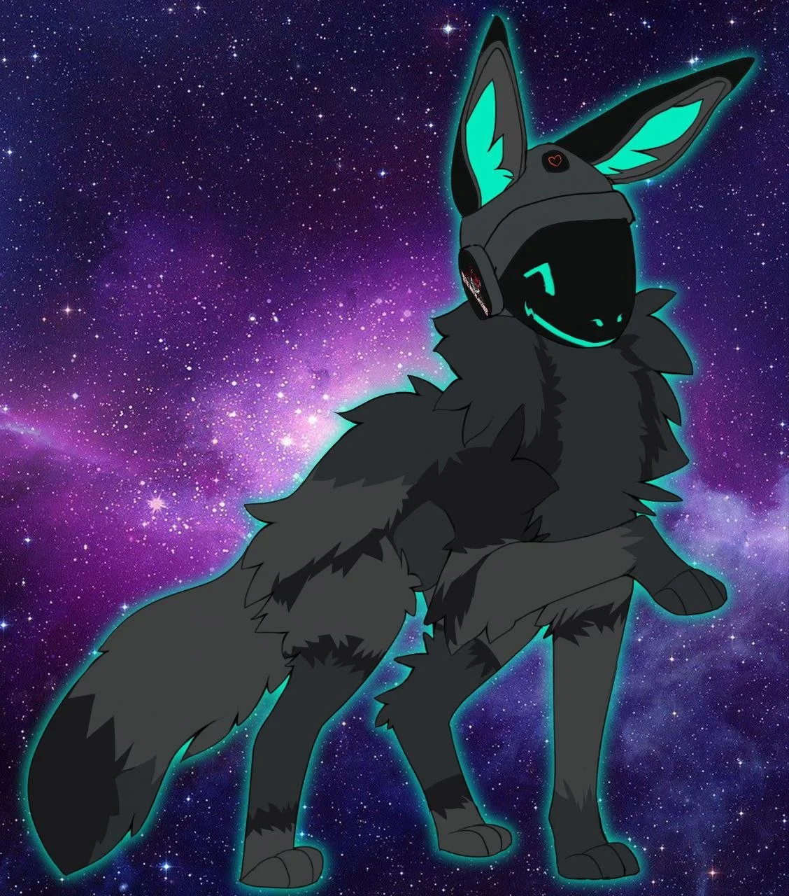 A digital illustration of an anthropomorphic wolf with a galaxy background, wearing a mask with a glowing smile and headphones.