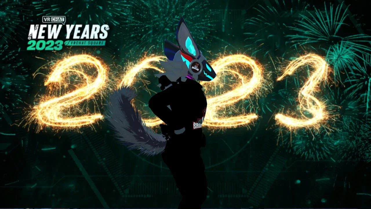 A cartoon anthropomorphic fox wearing a black suit with a red and white emblem on the sleeve, standing in front of a backdrop of fireworks forming the year 2023, with some text indicating a New Year's celebration and a virtual chat event for 2023.