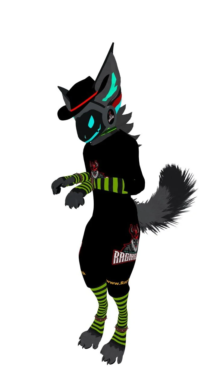 Anthropomorphic wolf character dressed in gaming or esports themed clothing with a gray fluffy tail, striped leg warmers, a black shirt with a demon logo, and a hat with a gaming headphone accessory.