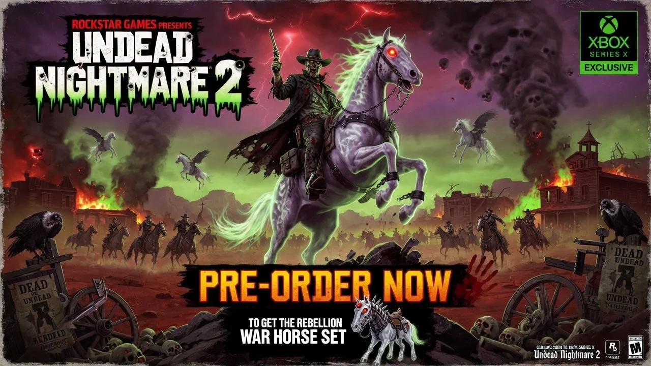 Promotional artwork for the video game 'Undead Nightmare 2' showing a zombie cowboy riding a glowing green horse against a apocalyptic background with burning buildings, flying banshees, vultures, skulls, and grave markers. Includes text about pre-or
