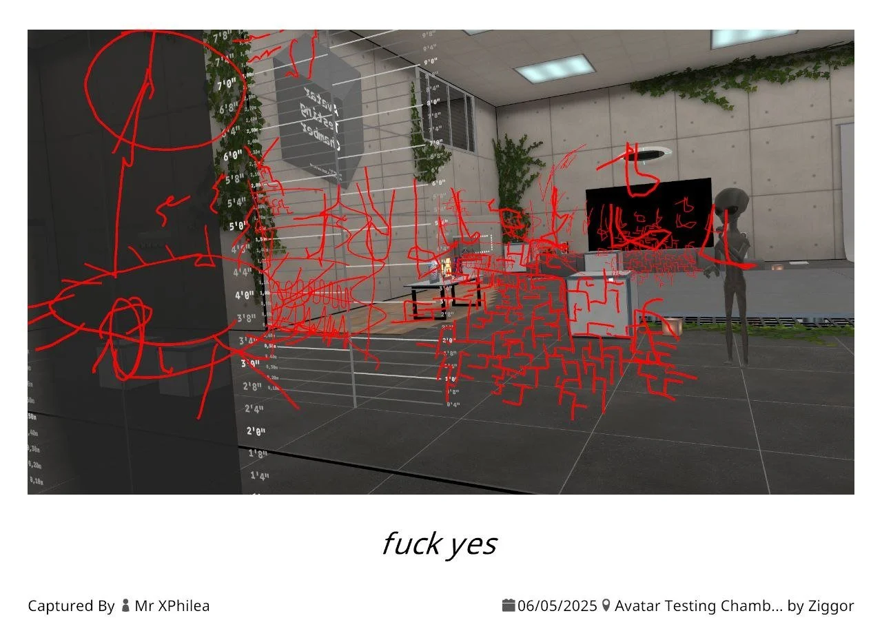 Digital screenshot of an indoor space with modern decor, potted plants, a black display screen, and red scribbles overlaid on the image. The caption reads, 'fuck yes,' and details indicate it was captured by Mr Xphilea on June 5, 2025, at an avatar t