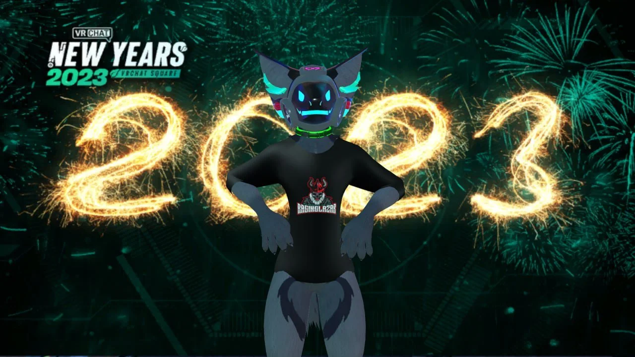 Digital illustration of an anthropomorphic wolf character with a futuristic mask, standing with hands on hips, wearing a black T-shirt with a red and white logo, against a background of fireworks and the year 2023 with the text 'VR CHAT NEW YEARS 202