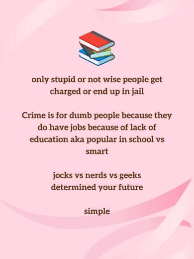 Text on a pink background with a stack of books at the top. The text discusses opinions about smart and not smart people, crime, education, and future predictions based on preferences for jocks, nerds, and geeks.