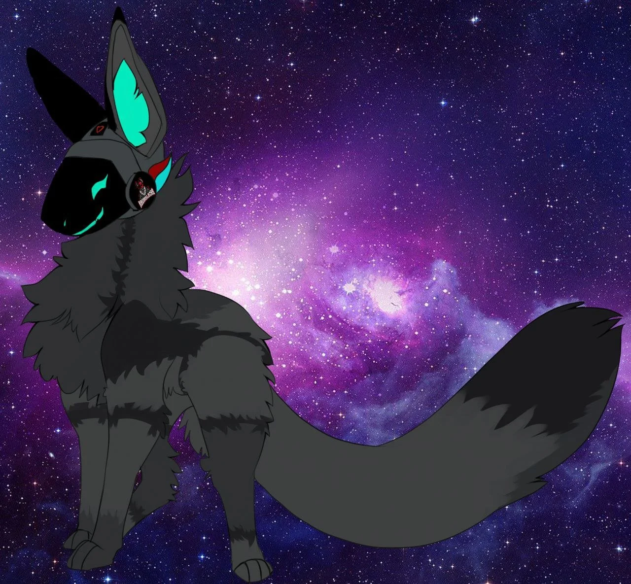A digital illustration of a stylized, anthropomorphic black fox with glowing teal markings, wearing a pair of futuristic headphones, set against a cosmic galaxy background filled with stars and purple nebulae.