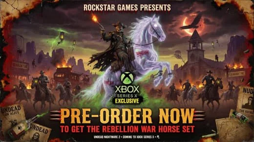 Promotional image for an Xbox game featuring a rebel riding a glowing white horse, surrounded by soldiers and a dark, stormy battlefield with flaming buildings and a witch on a broomstick in the sky. Text promotes pre-ordering the Rebellion War Horse