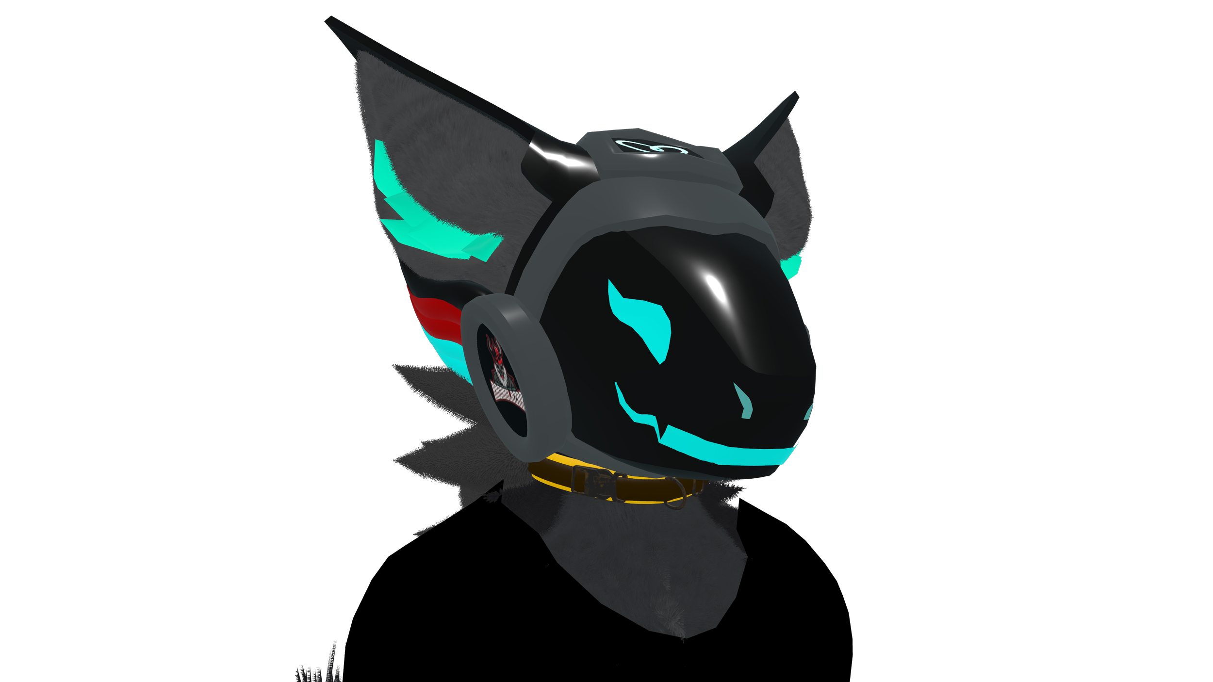 A virtual dog head wearing a high-tech helmet with glowing blue accents and a collar, set against a black background.