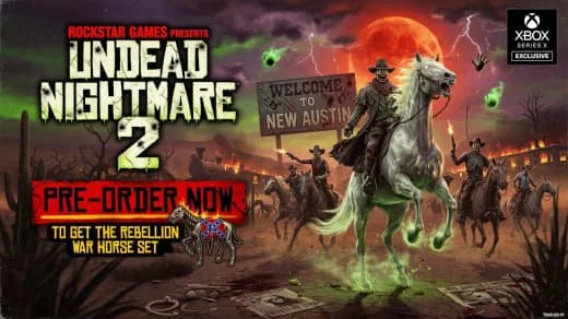 Promotional image for the video game 'Undead Nightmare 2' showing a night scene with zombies, a cowboy riding a ghostly horse, and a city in flames. Includes text about pre-ordering and features an Xbox logo.
