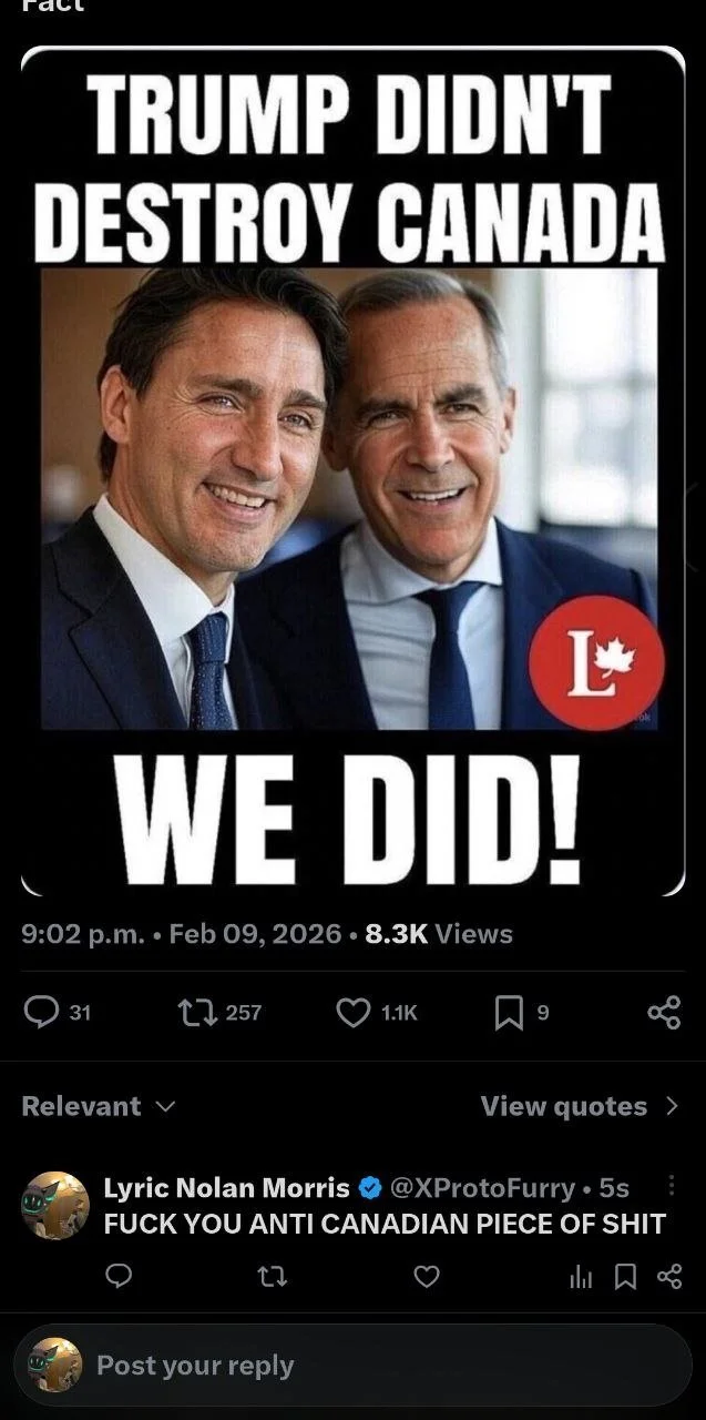 A meme with a photo of two men in suits smiling. The top text says "TRUMP DIDN'T DESTROY CANADA" and the bottom text says "WE DID!". The meme features a red circle with a white letter 'L' and a maple leaf symbol, indicating a Canadian theme.