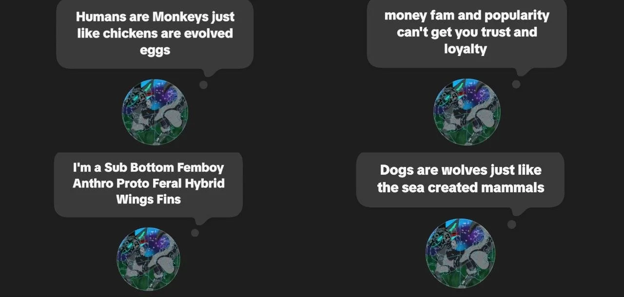 Four circular images with each containing a globe with colorful digital patterns and a black dog silhouette. Each circle has a caption: 'Humans are Monkeys just like chickens are evolved eggs,' 'money fam and popularity can't get you trust and loyalt