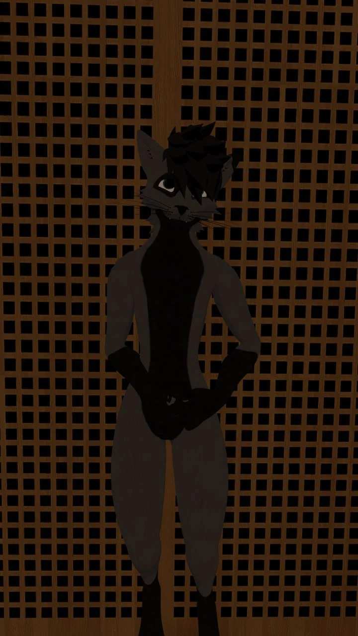 A cartoon-style anthropomorphic fox character with dark fur, standing in front of a wooden lattice background. The character has a relaxed pose, with hands resting in front of it and a confident expression.