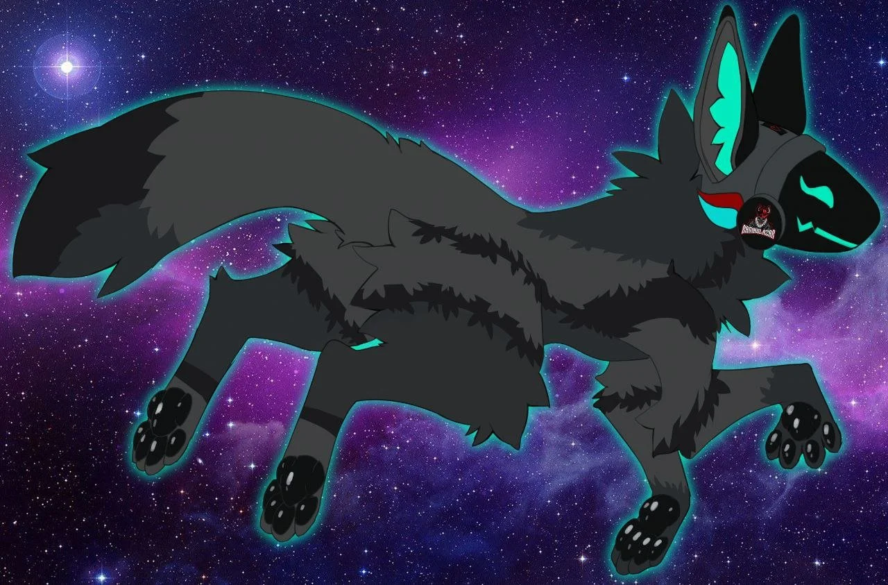 Digital illustration of a black and gray anthropomorphic wolf with glowing blue accents, floating in outer space with stars and nebulae in the background.