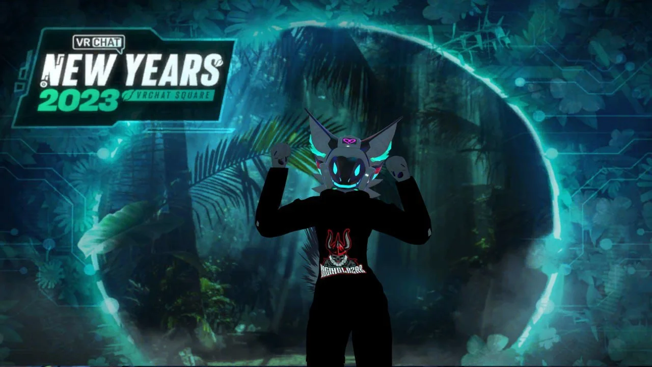Digital illustration of a person wearing a unicorn-themed mask and black sweatshirt with a red and white design, standing in front of a virtual reality-themed background with the text "VR CHAT NEW YEARS 2023 VRCHAT SQUARE" in the top left corner.