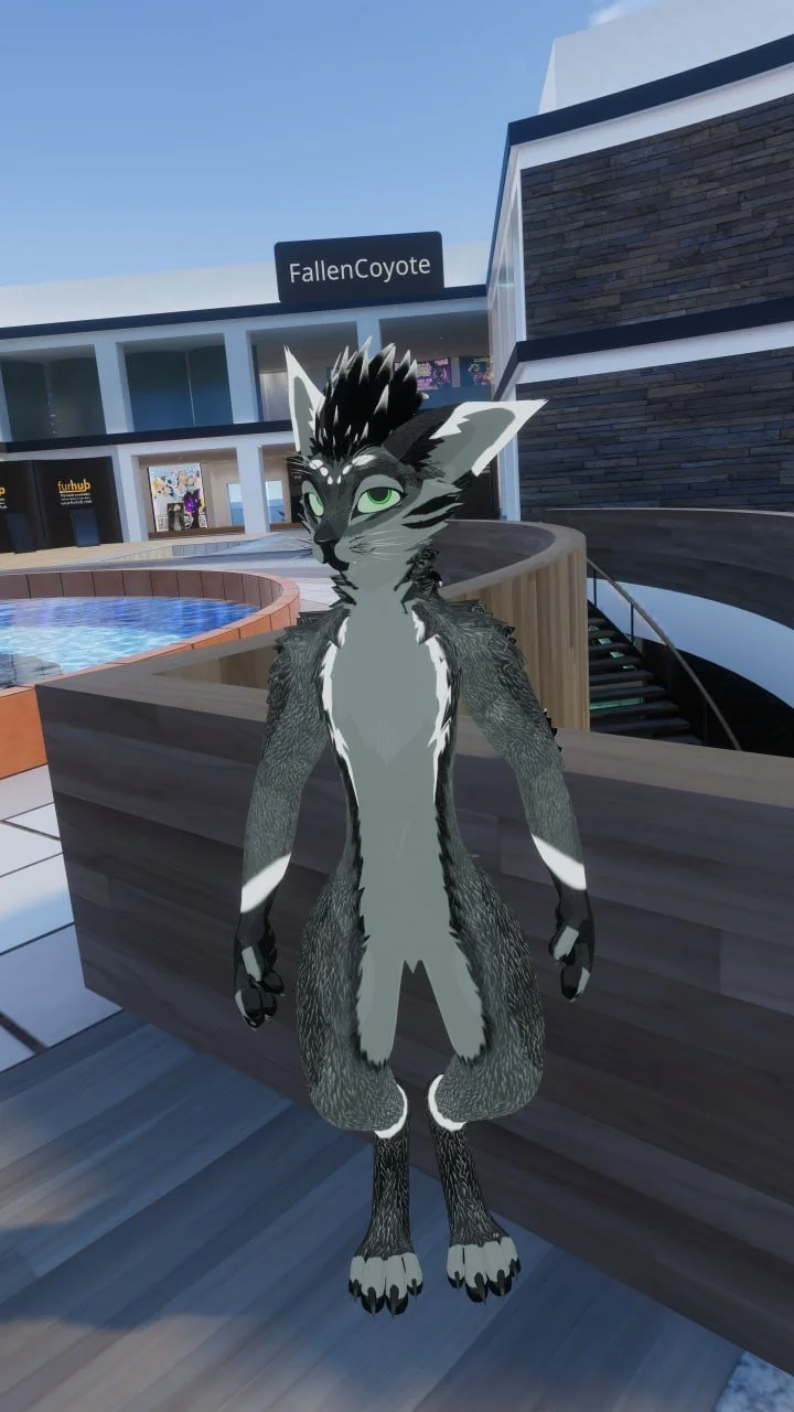 A digital cartoon-style anthropomorphic feline character with gray and black fur, green eyes, and sharp features, standing outdoors in front of a modern building with a sign that reads 'FallenCoyote' and a pool.
