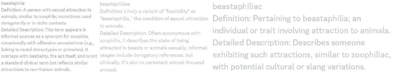 A page with dictionary definitions of the terms 'beastaphilia' and 'beastaphiliac,' discussing their meanings related to attraction to animals.