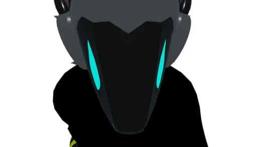A cartoon-style robot with a large, black, beak-shaped face and glowing blue accents, wearing a black tank top.