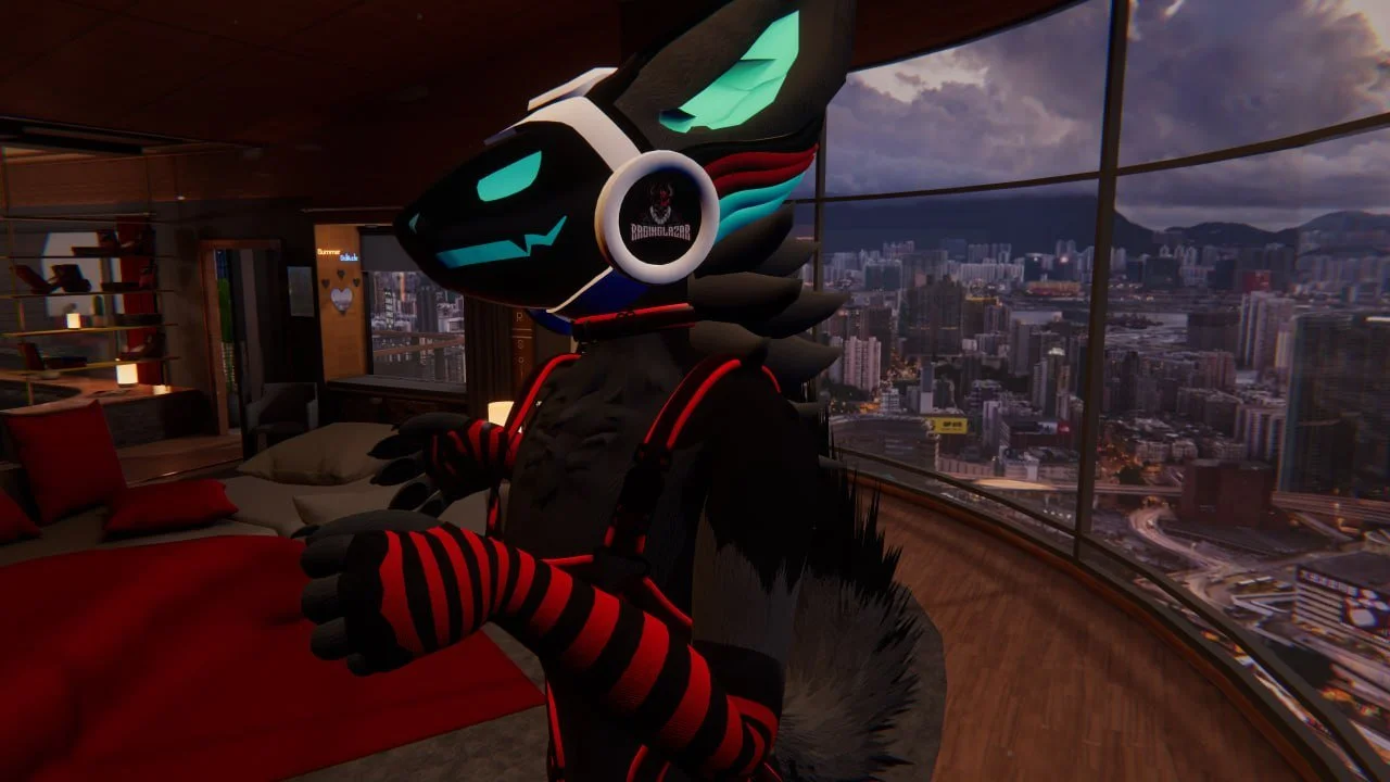 A digital illustration of a wolf character with headphones, in a high-rise apartment with a city view at sunset.