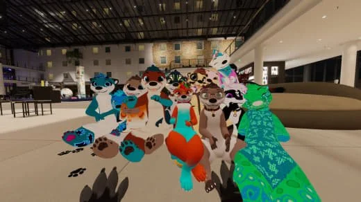 Group of cartoon anthropomorphic animal characters posing together indoors.