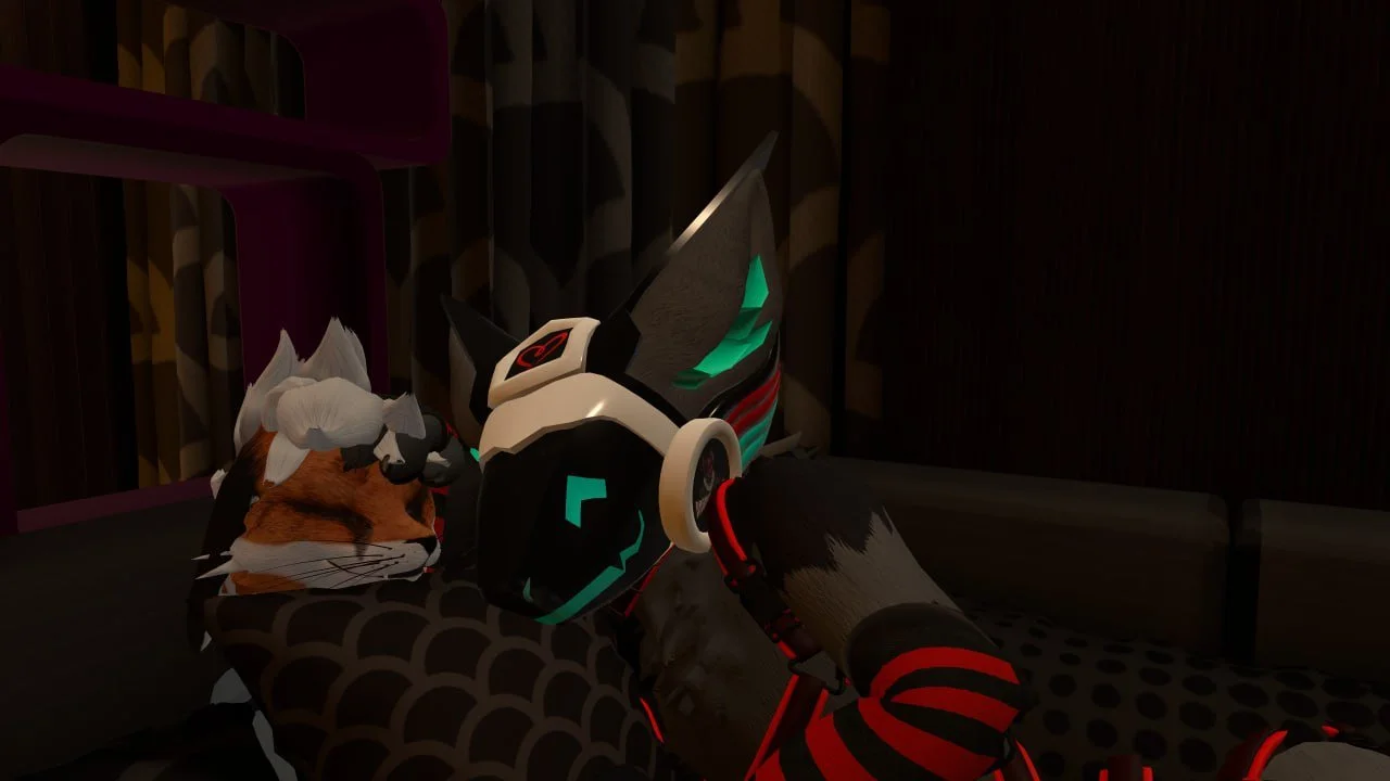 A virtual avatar in a gaming setup is wearing a futuristic mask with glowing green lights and headphones, while a realistic tiger plush toy rests on a pillow beside it.