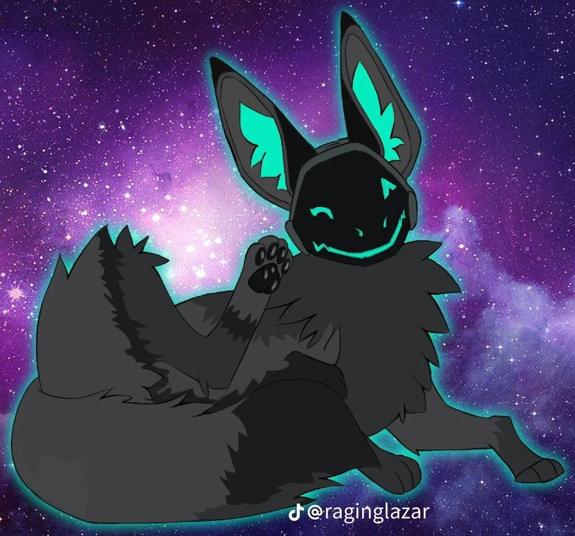 A cartoon fox with a glowing mask and neon blue accents on its ears, sitting in space with a starry galaxy background.