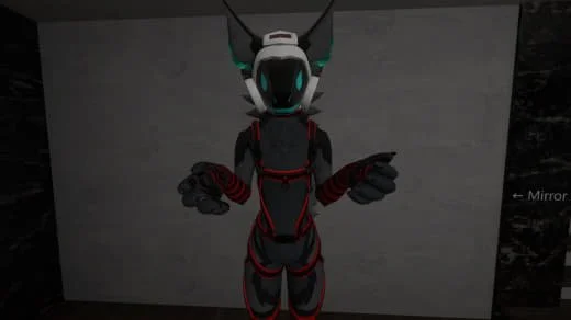 A humanoid robot with a sleek black and red design, standing in a room with a mirror in the background.