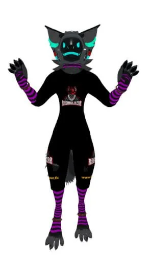 A humanoid character with a black feline face, blue and teal ears, and glowing blue eyes. The character wears a black outfit with purple and pink striped arms and legs, and has a purple collar. It appears to be a cartoon or digital mascot.