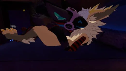 Anthropomorphic fox character with glasses and a hoodie lying on the ground at night.