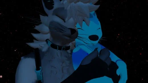 A humanoid character with wolf features and a fluffy tail, wearing a collar and harness, holding a blue cartoon-style cat in an outer space setting with stars in the background.