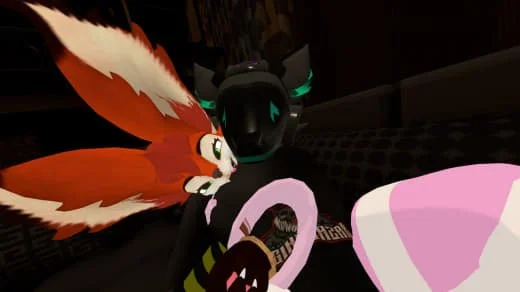 A digital scene featuring two anthropomorphic characters: one resembling a fox with orange and white fur, and the other a black feline with glowing green accents, both in a stylized, animated style.