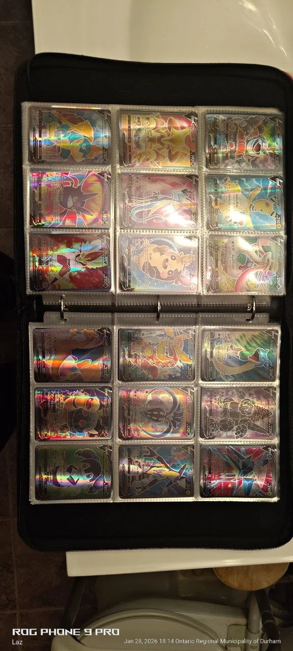 A collection of 12 Pokémon trading cards in a binder, each featuring a different holographic card with various Pokémon characters.