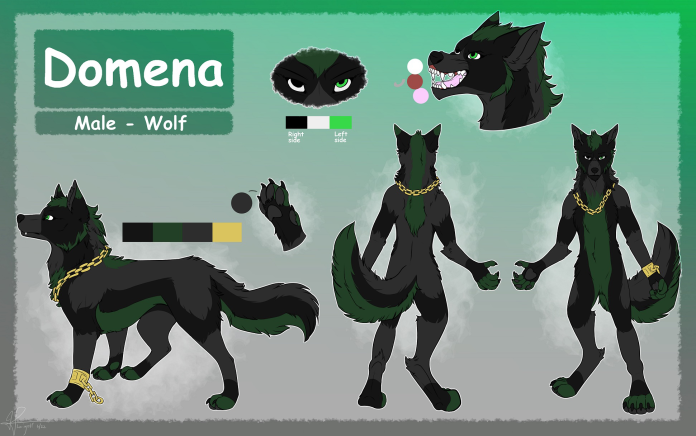 Character sheet of Domena, a male wolf, showing front, side, and back views, with facial expression, paw, and tail details, color palette, and accessories like a gold chain and ankle bracelet.