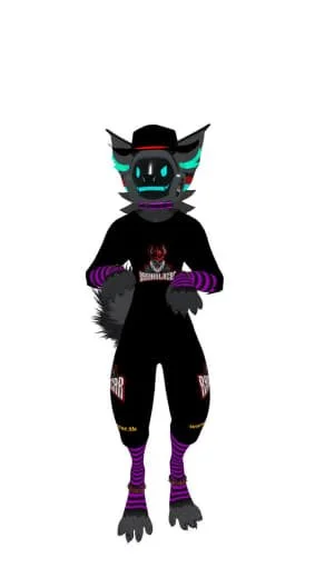 Cartoon anthropomorphic wolf character with black fur, wearing a black hoodie with a red and white logo, purple and black striped socks, and glowing blue eyes.