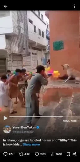 Children and a man throwing objects at a dog in a street alleyway, with buildings in the background.