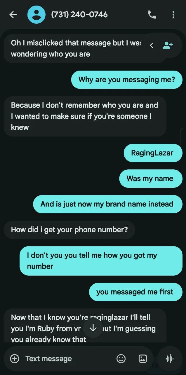 Screenshot of a text message conversation between two people about recognizing each other and how one person got the other's phone number.